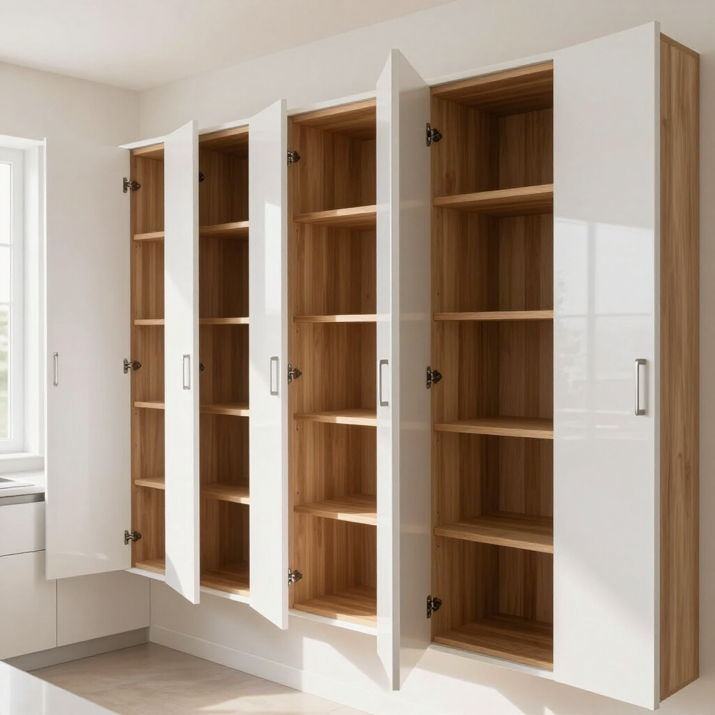 White wall-mounted wooden cabinets with open doors revealing empty shelves in a bright room