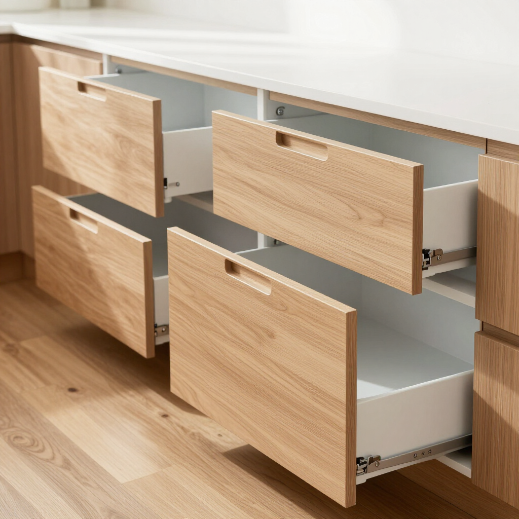 Open kitchen cabinets with four light wood drawers partially pulled out, showing white interiors and metal slides