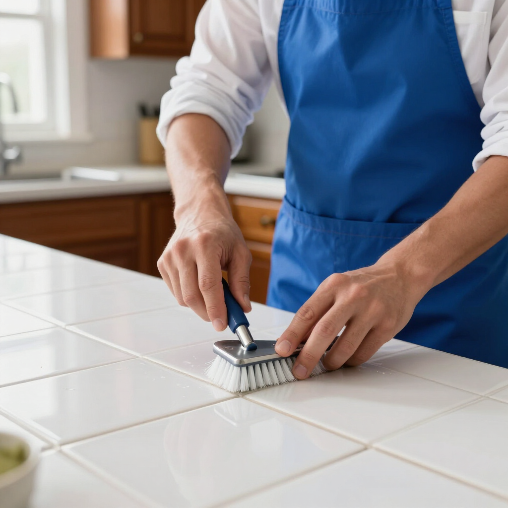 Person scrubbing white tile countertop with a brush in a kitchen