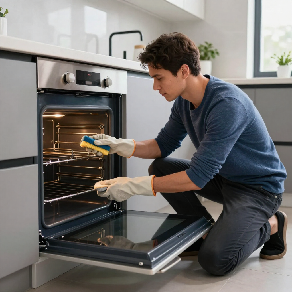 Person cleaning an oven in a bright kitchen, wearing gloves and kneeling with the door open