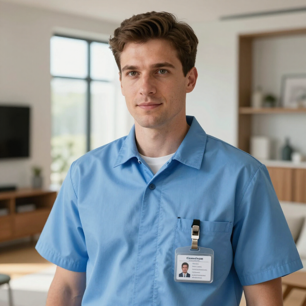 Man in blue work uniform with ID badge standing indoors in an office setting
