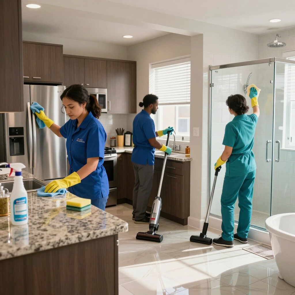 Three cleaners in blue uniforms clean a modern kitchen and bathroom with mops and spray bottles.
