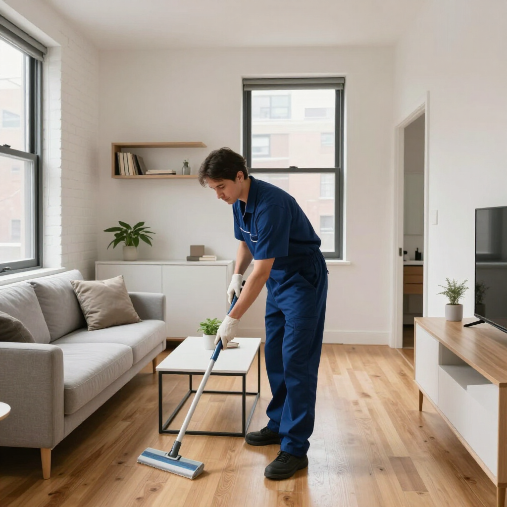 Person mopping a bright living room with hardwood floors and a white sofa