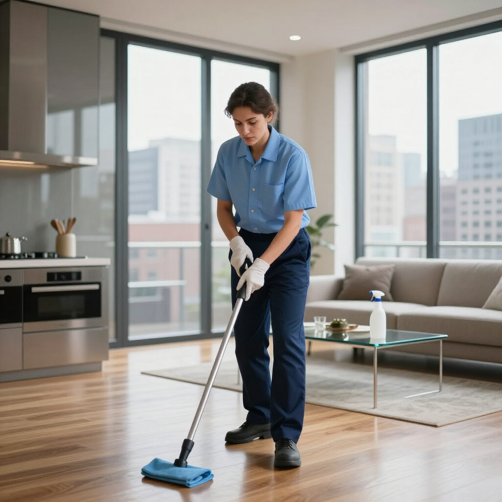 Person mopping a modern apartment living room with large windows and wood floors