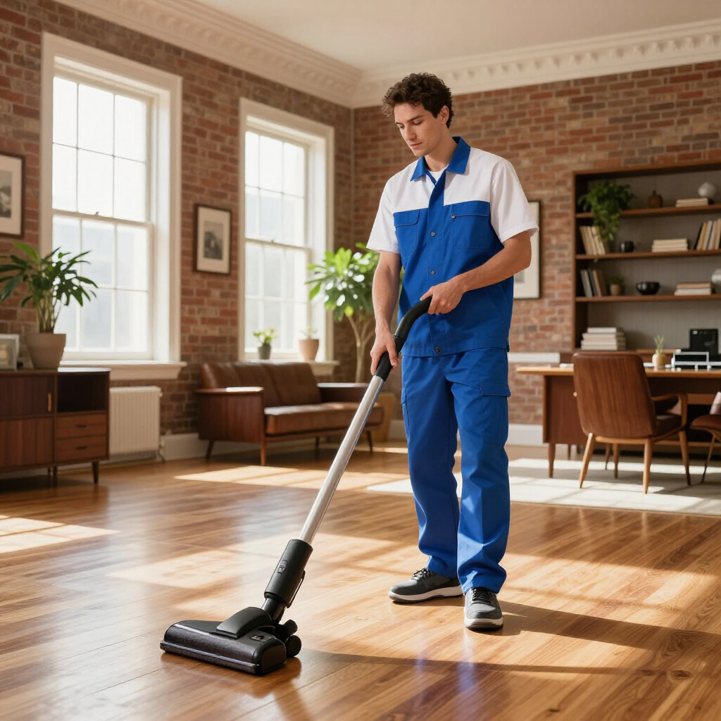 Person vacuuming a sunlit brick office with a blue-and-white vacuum cleaner