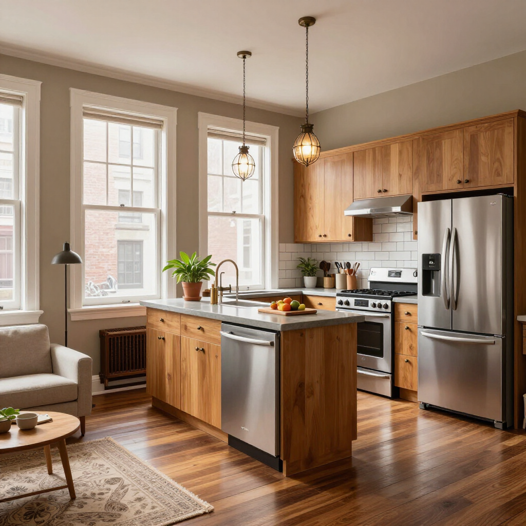 Modern kitchen with wood cabinets, stainless-steel appliances, island, and large windows in warm natural light
