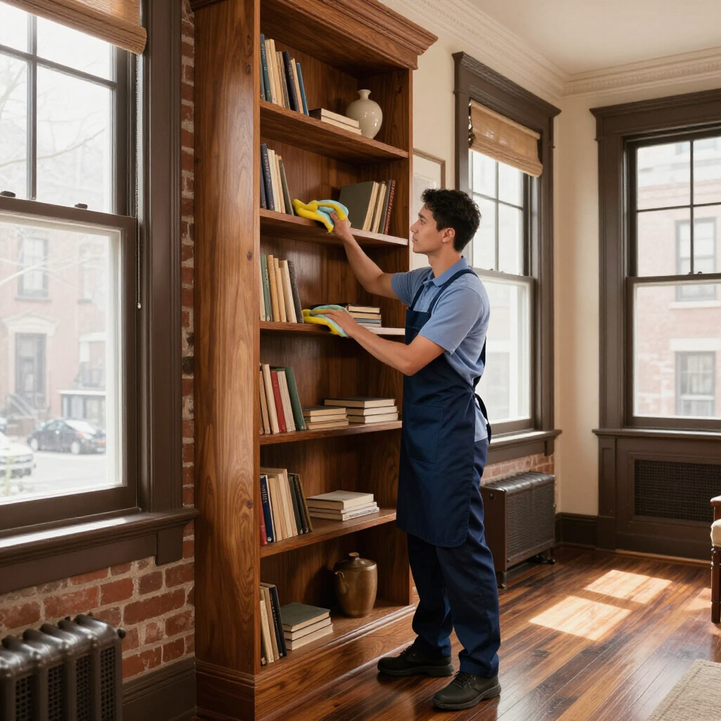 Man arranging books on a tall wooden bookshelf in a sunlit room with large windows