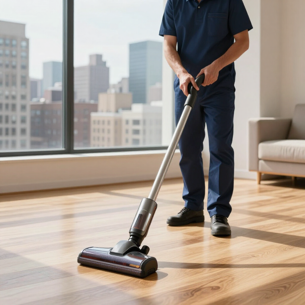 Person vacuuming a sunlit hardwood floor in a modern apartment with city windows in the background