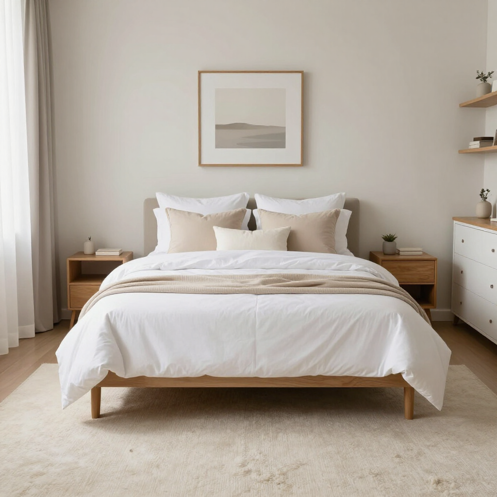 Minimalist beige bedroom with a neatly made bed, wood nightstands, and a framed print above the headboard