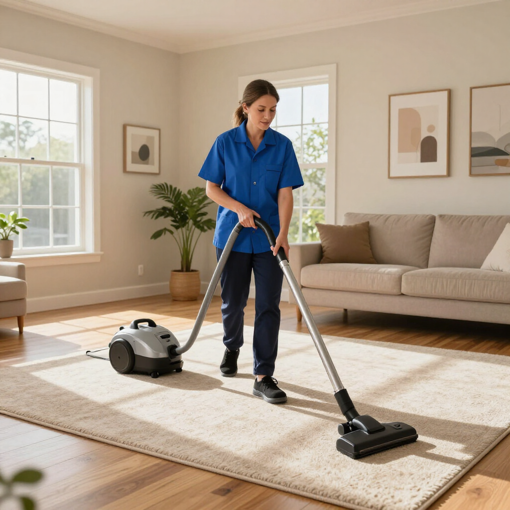 Person vacuuming a beige rug in a bright living room with a canister vacuum nearby
