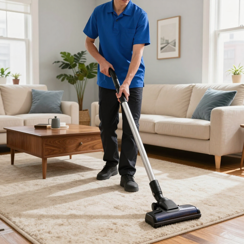 Person vacuuming a beige rug in a bright living room with a blue shirt and beige sofa