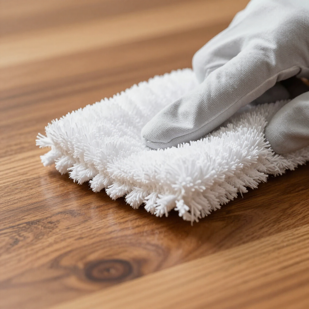 Gloved hand cleaning a wooden surface with a white microfiber cloth