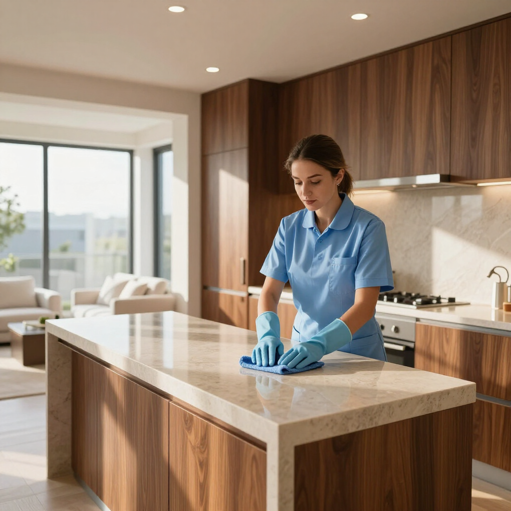 Cleaner wiping a kitchen island in a bright modern home with wood cabinets and large windows