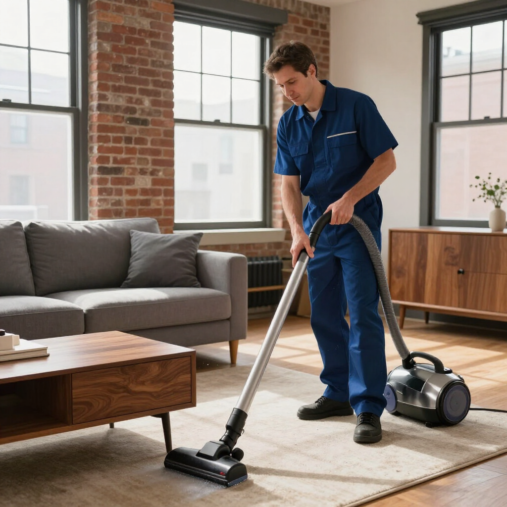 Vacuuming a rug in a bright living room with a gray sofa and wooden coffee table