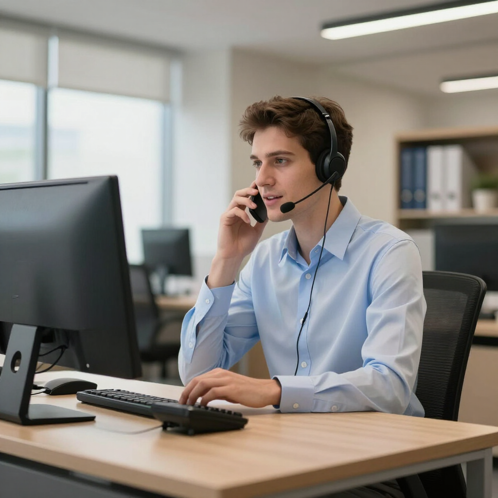 Office worker wearing a headset using a desktop computer at a desk