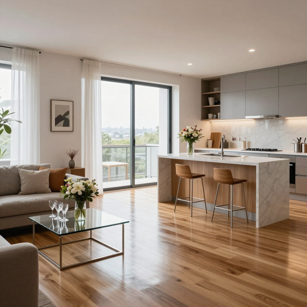Bright modern living room with open kitchen, wood floors, sofa, coffee table, and large balcony doors