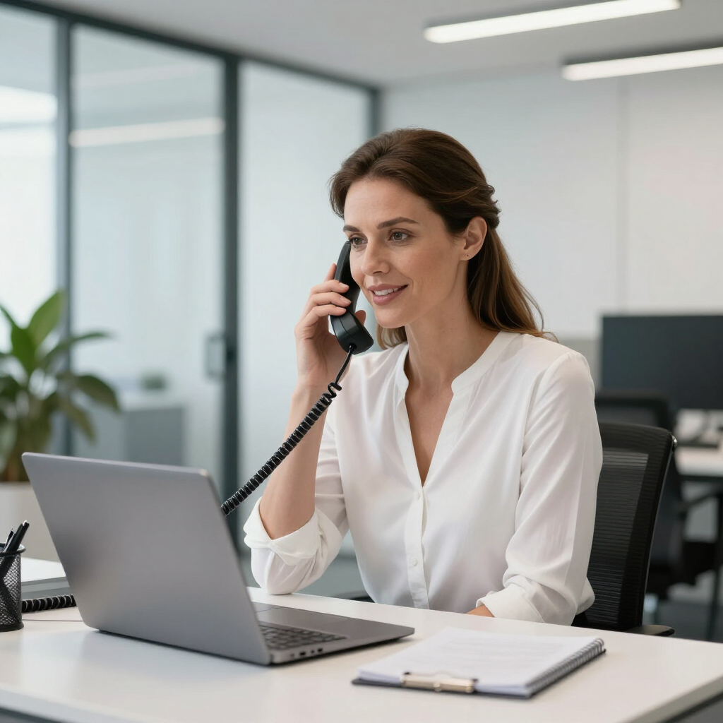 Woman on a phone call at a desk with a laptop in a bright office