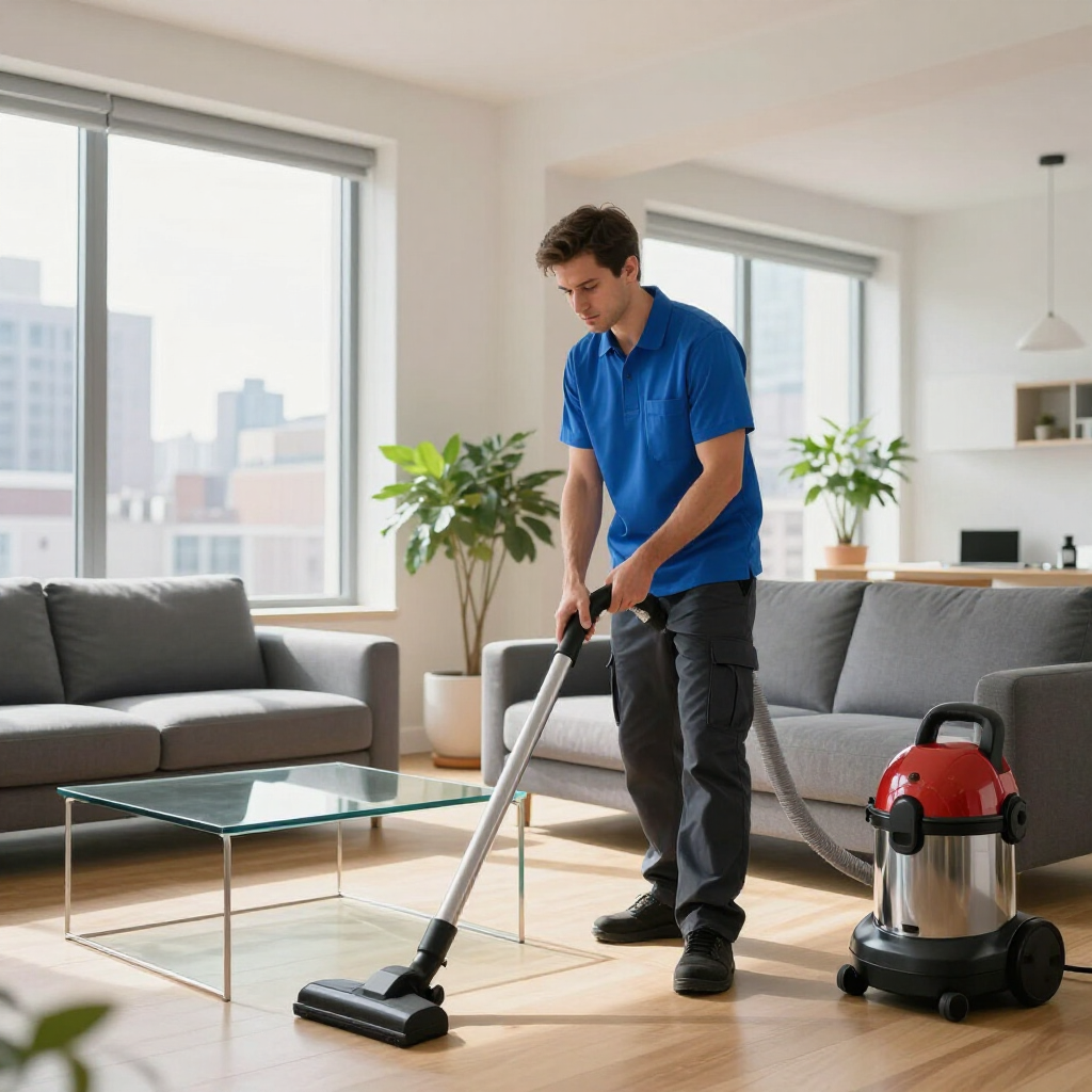 Man vacuuming a bright living room beside a canister vacuum cleaner