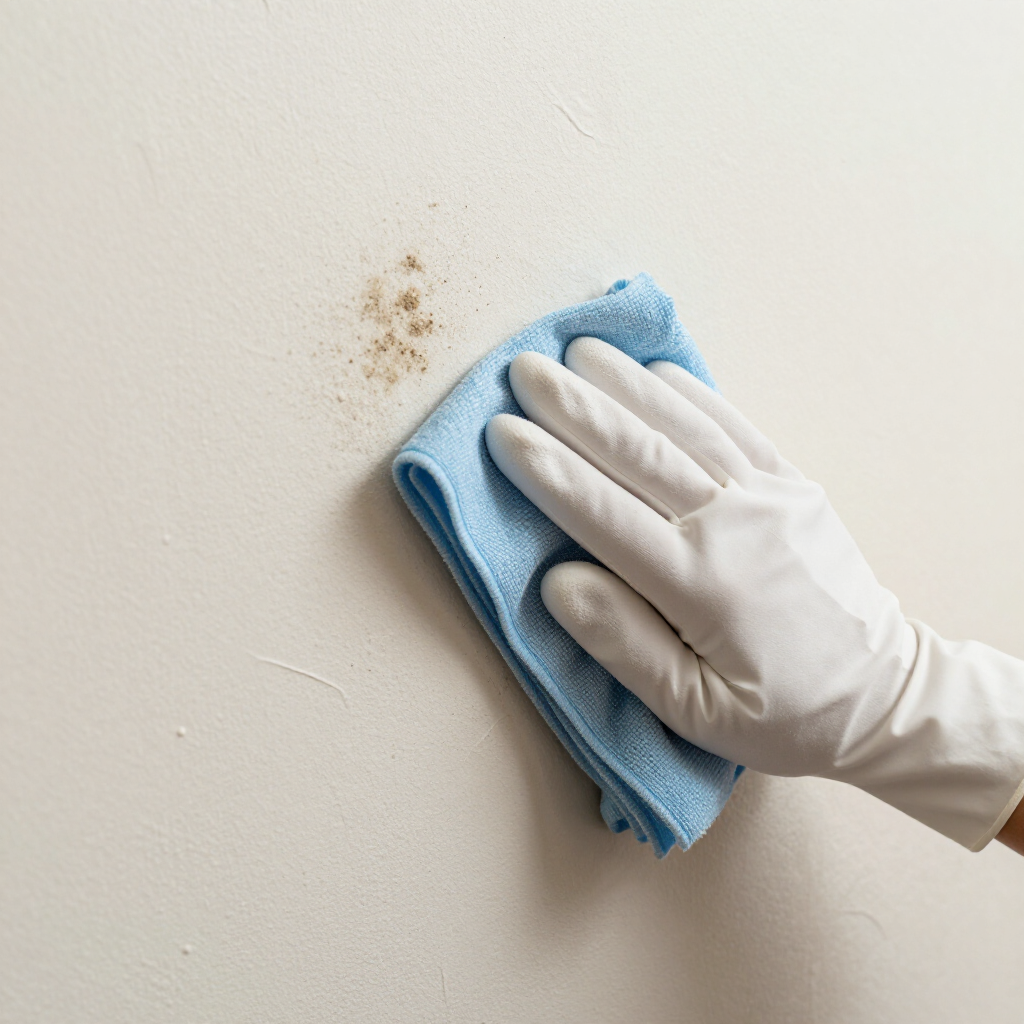 Gloved hand wiping a stain from a white wall with a blue cloth