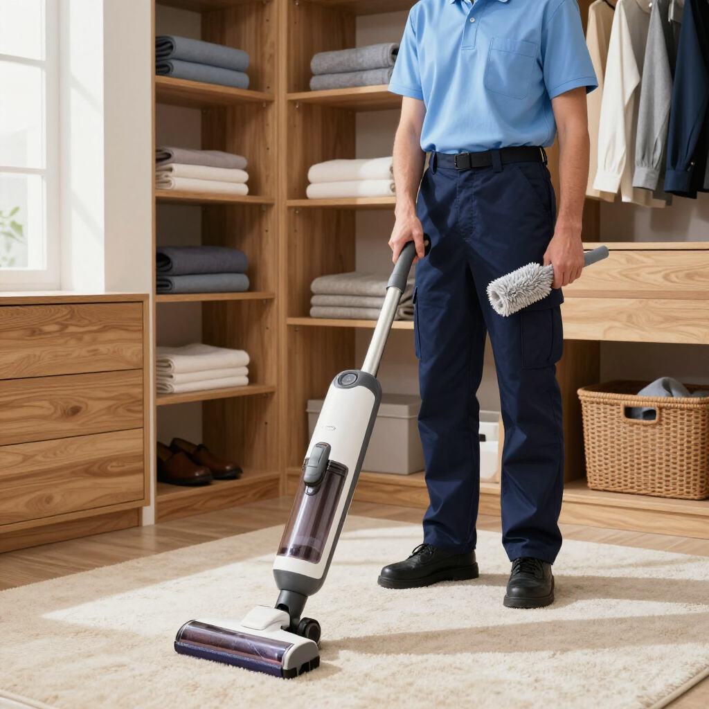 Person vacuuming a beige carpet in a tidy closet with wooden shelves and folded clothes