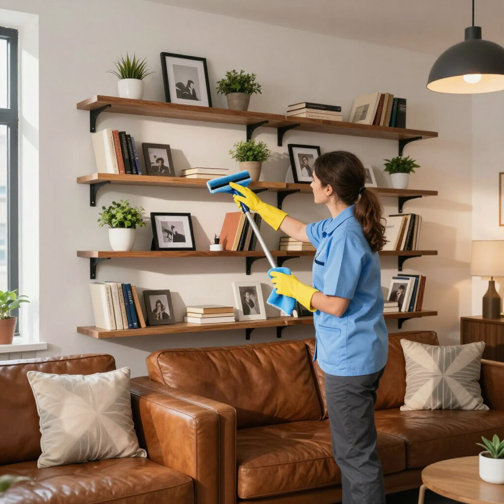 Person cleaning wall shelves with a blue-and-yellow duster in a cozy living room
