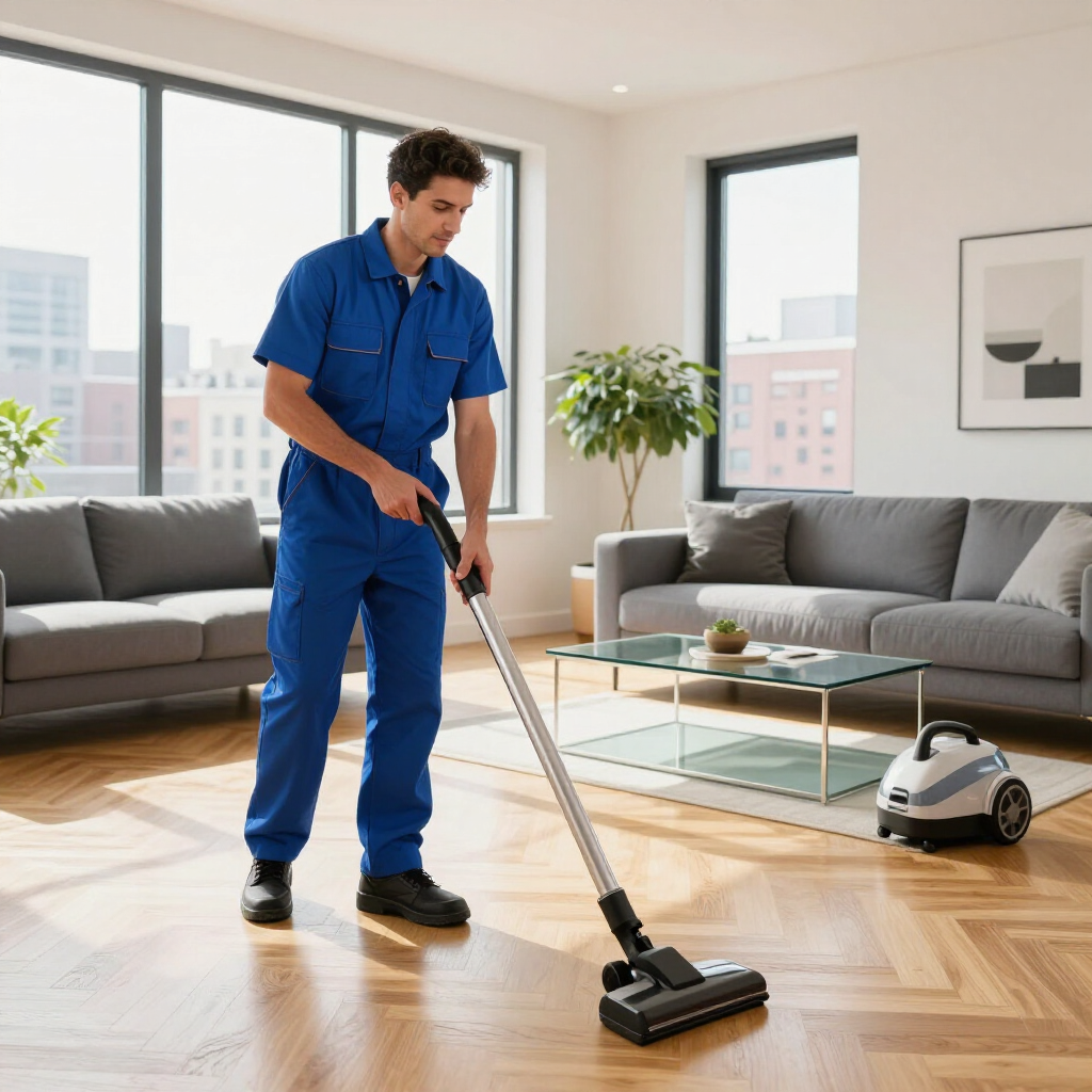 Cleaner vacuuming a bright living room with a hardwood floor and gray sofas