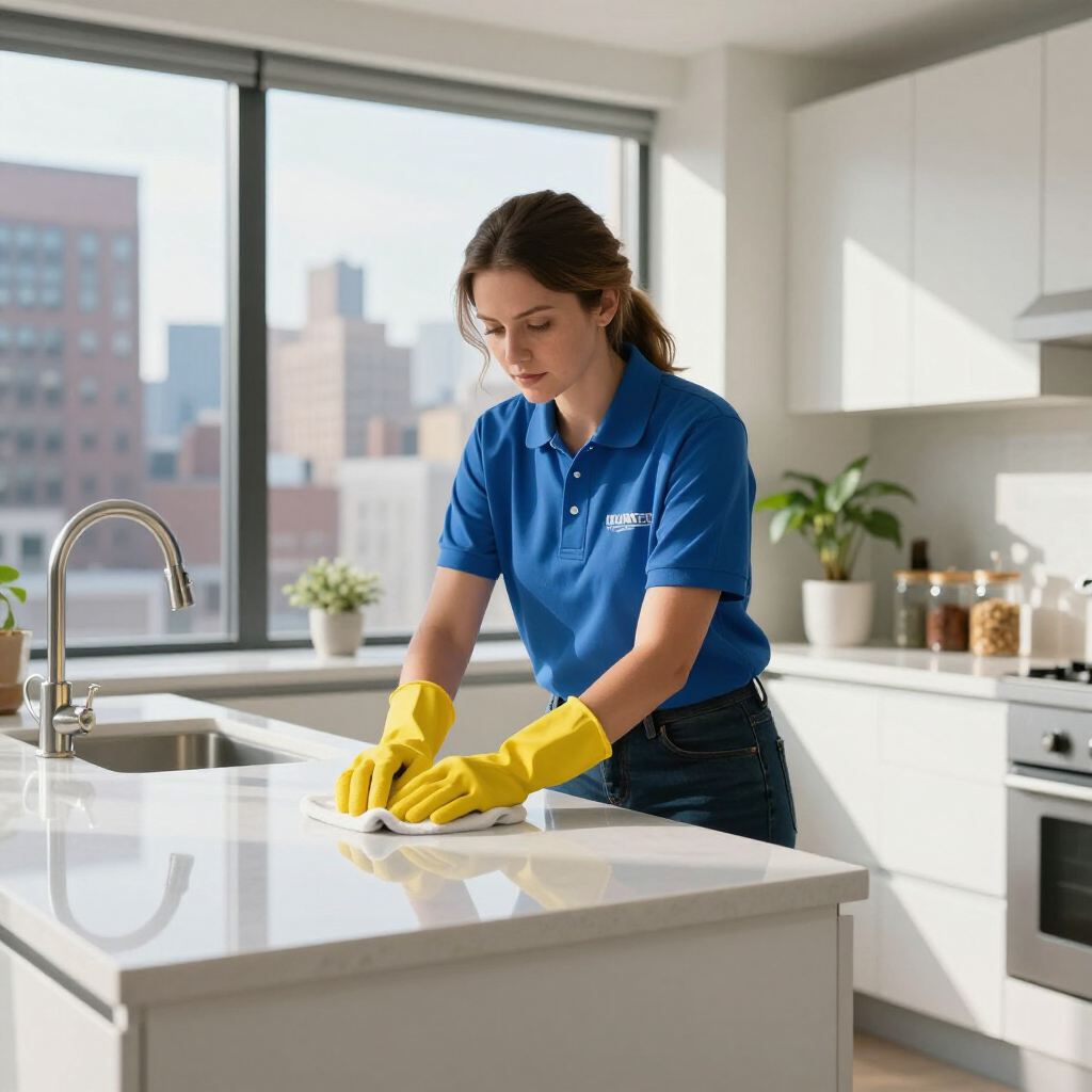 Person in blue shirt and yellow gloves wiping a kitchen counter in a bright modern kitchen.