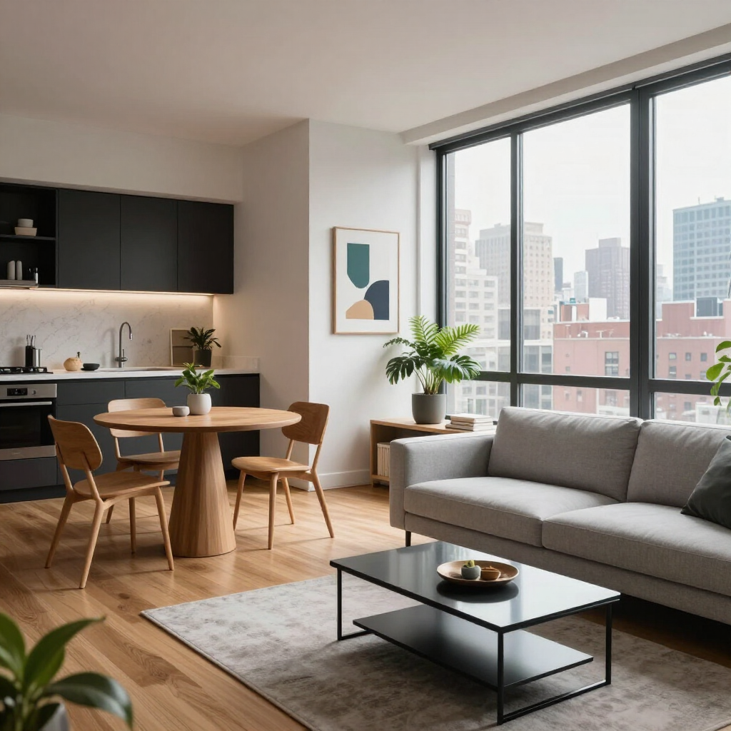 Modern open-plan living room with gray sofa, wooden dining table, kitchen, and city-view windows