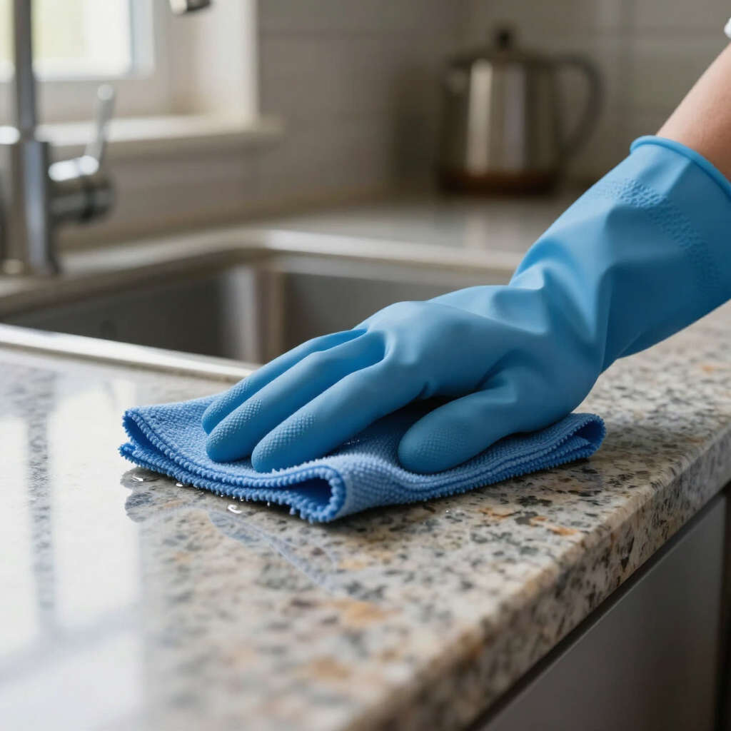 Blue-gloved hand wiping a speckled kitchen countertop with a cloth