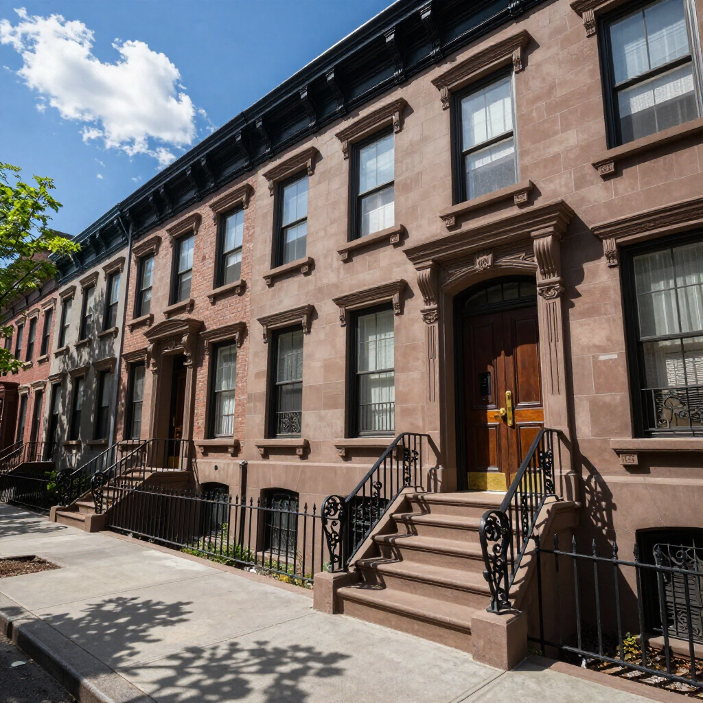 Row of brownstone townhouses with stoops on a sunny city street