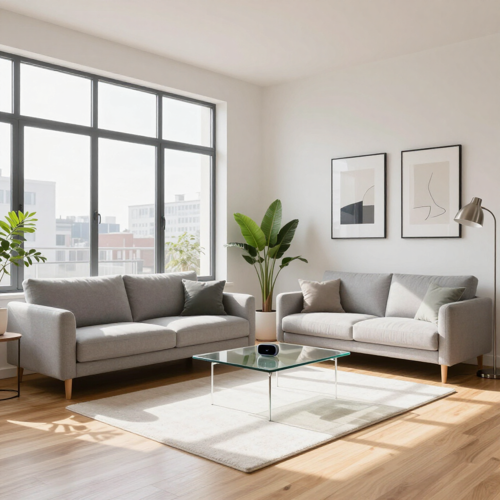Modern living room with two gray sofas, glass coffee table, large window, and sunlight on a light rug.