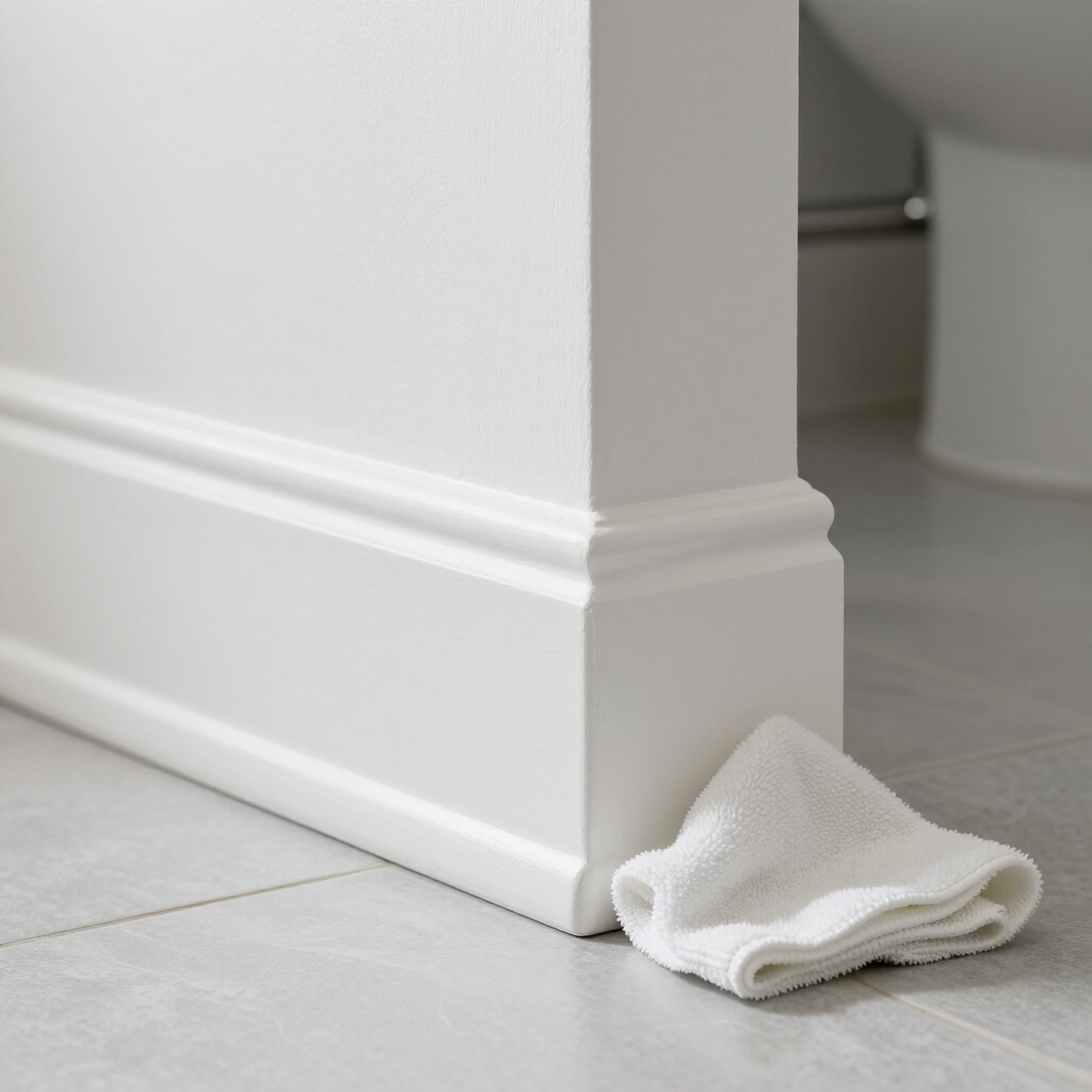 White cabinet corner with white baseboard trim and a small white cloth on a tiled floor.