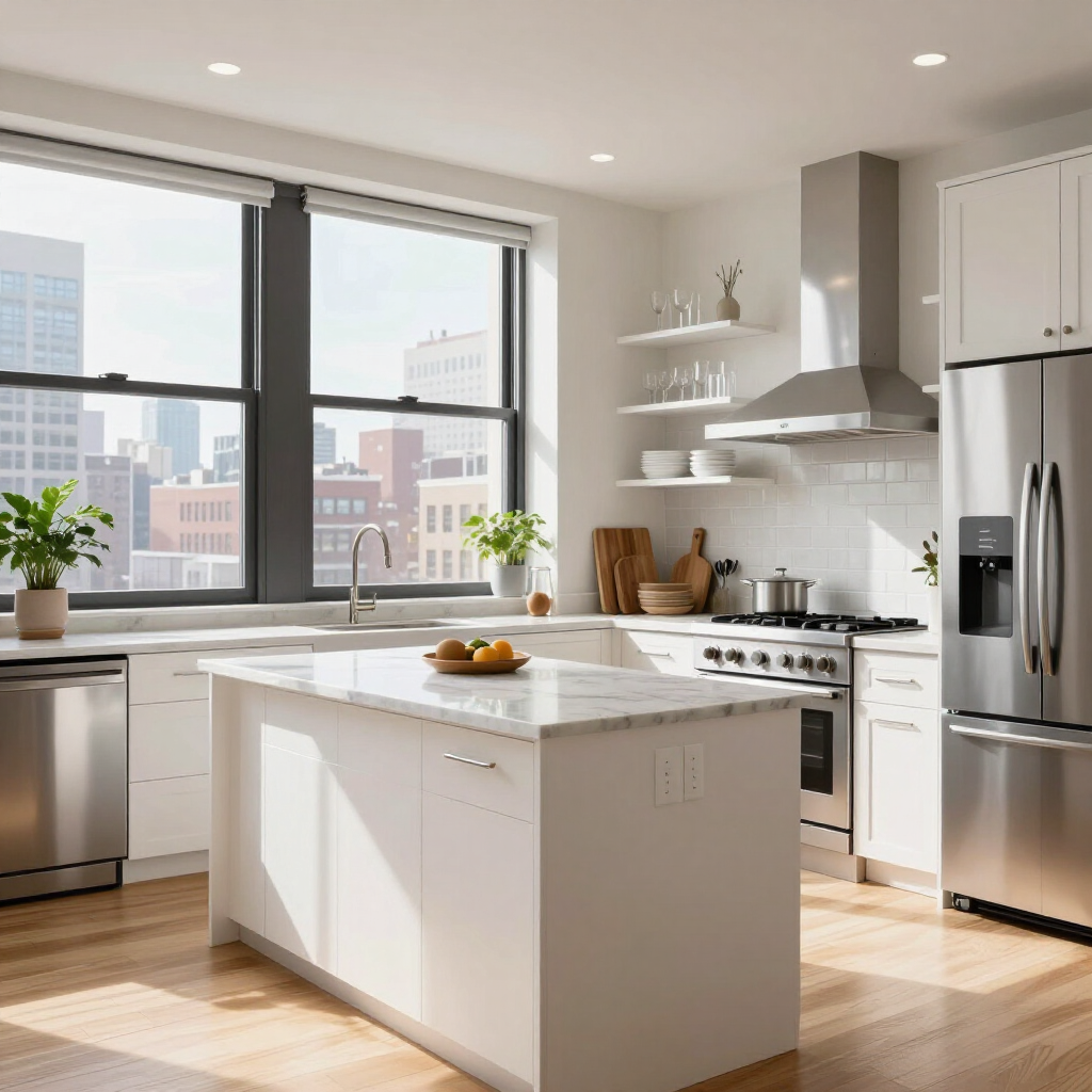 Bright modern kitchen with white cabinets, stainless appliances, island, and large windows overlooking a city view
