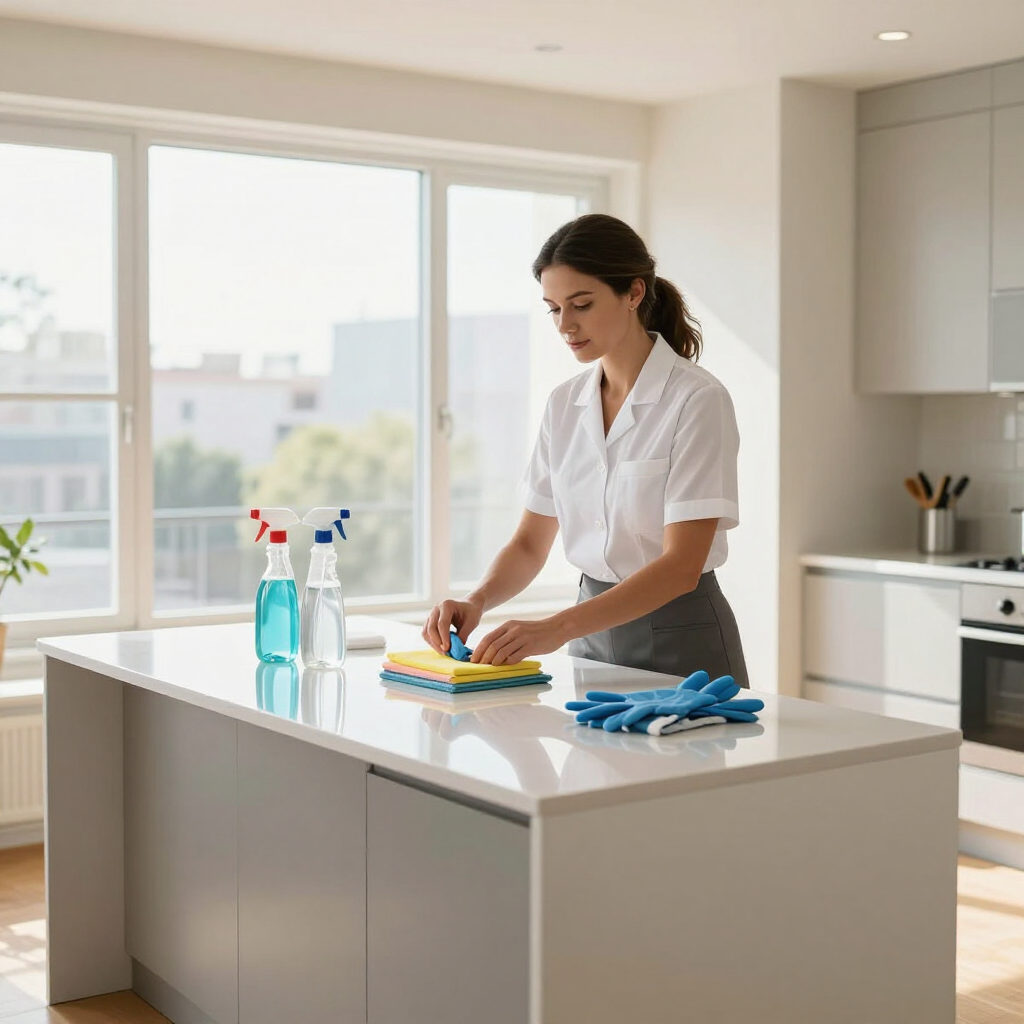 Woman cleaning a bright modern kitchen island with spray bottles and cloths