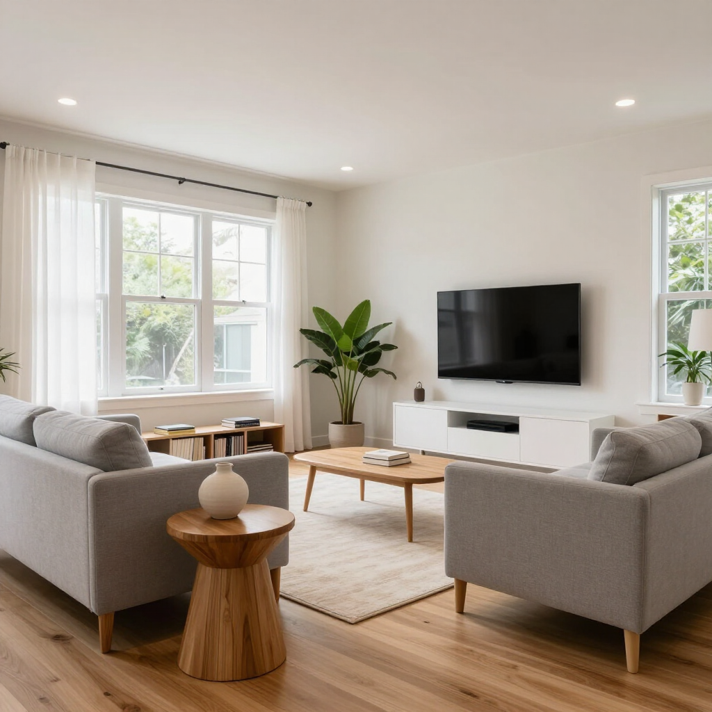 Bright modern living room with gray sofas, wooden coffee table, wall-mounted TV, and large windows.