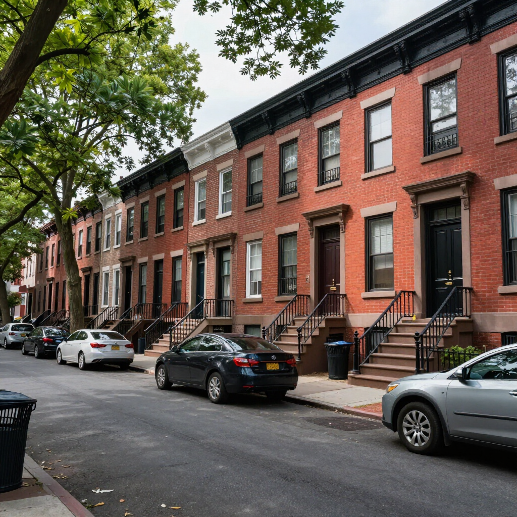 Tree-lined street with parked cars and red-brick row houses on a residential block