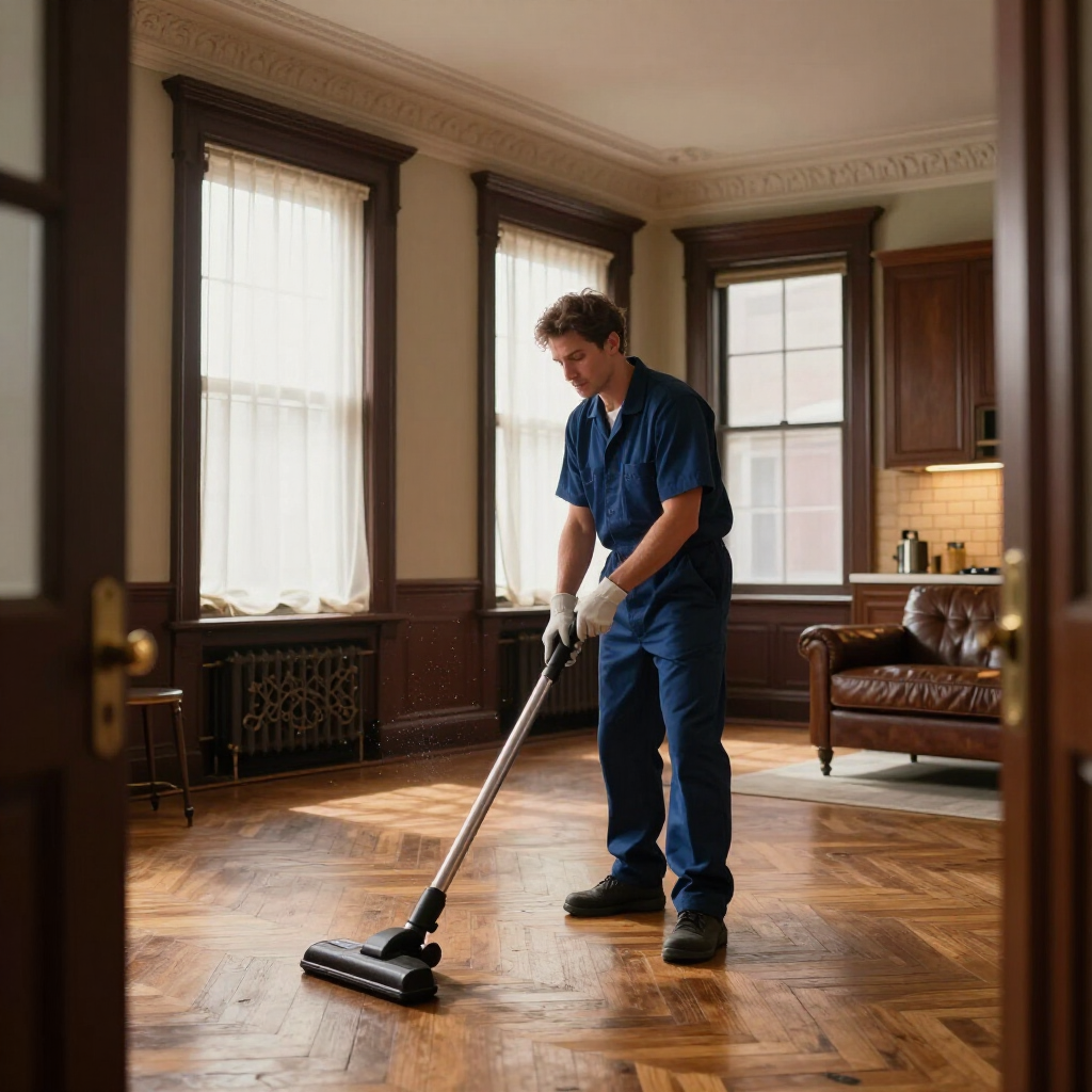 Person vacuuming a polished hardwood floor in a sunlit living room
