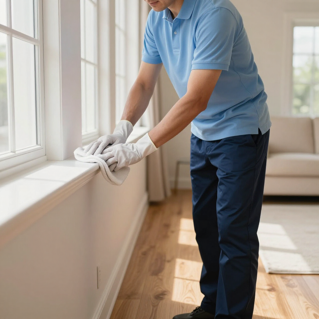 Person in blue shirt and gloves cleaning a windowsill with a cloth in a bright room