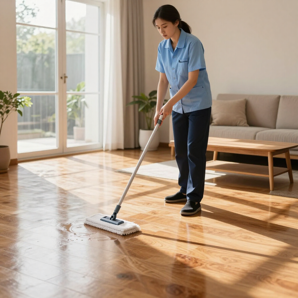 Person mopping a sunlit hardwood floor in a bright living room