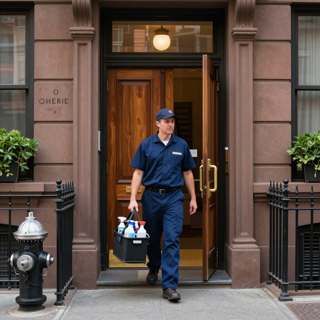 Delivery worker in blue uniform exits a brownstone doorway carrying a black crate of groceries.