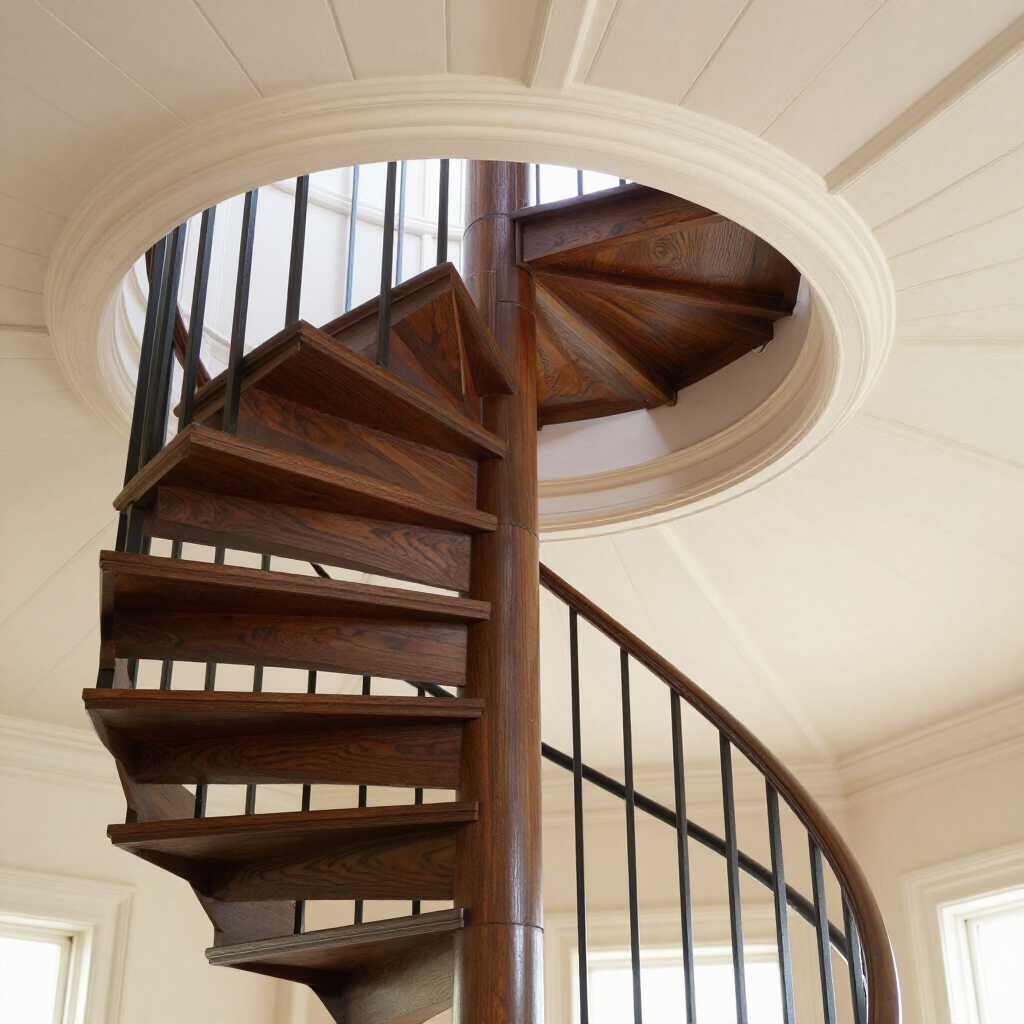 Spiral wooden staircase with black railing in a white interior, viewed through a circular opening.