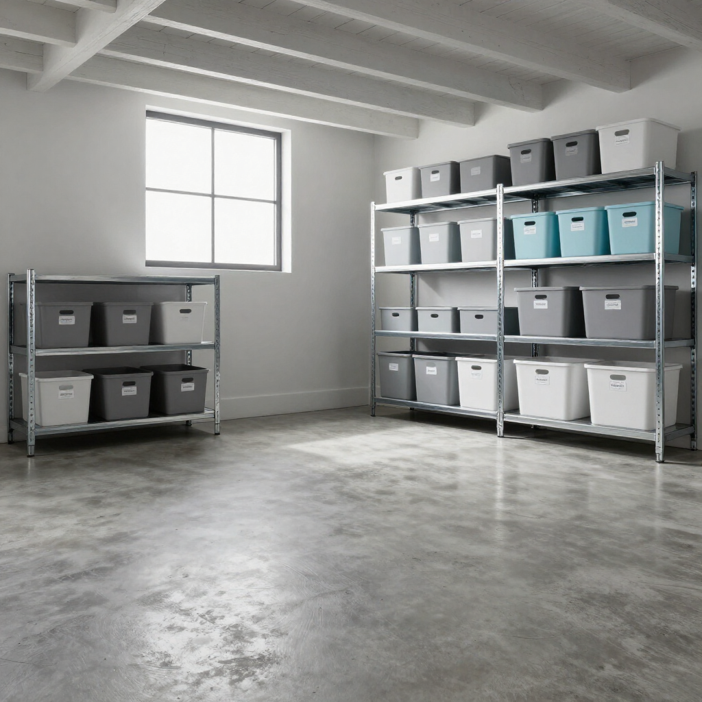Minimal storage room with metal shelving, labeled bins, and a window on a concrete floor.