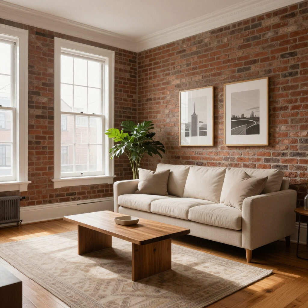 Cozy living room with brick walls, beige sofa, wooden coffee table, large windows, and framed wall art