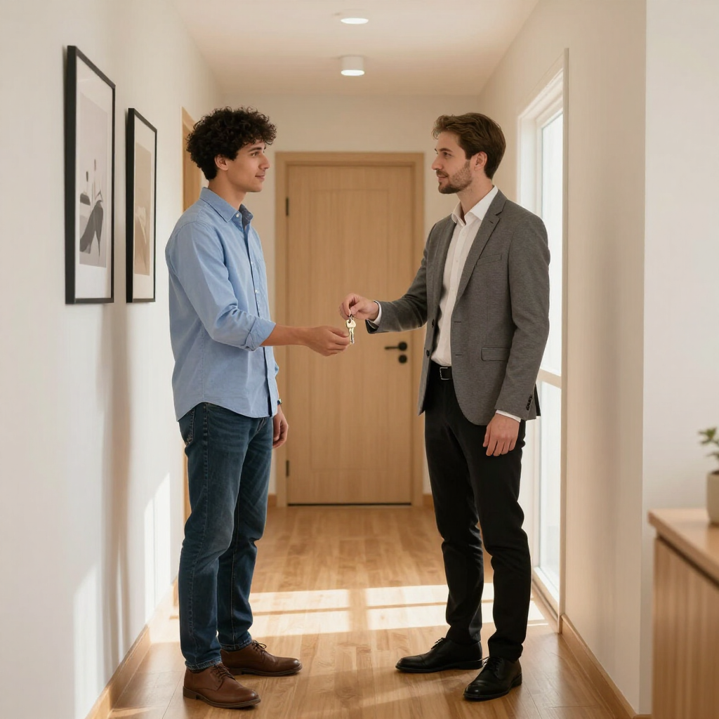 Two men in a hallway exchanging keys near a front door, one in a blue shirt and one in a blazer.