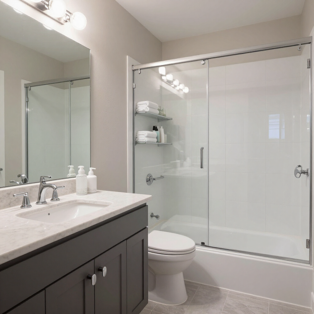 Modern bathroom with dark vanity, white countertop, mirror, toilet, and glass-enclosed shower