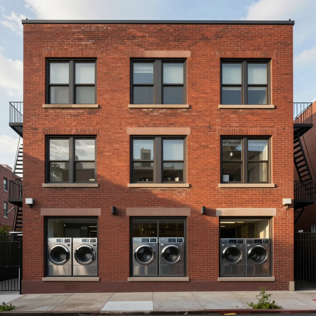 Red brick apartment building with three floors and storefront-style laundry machines on the ground level