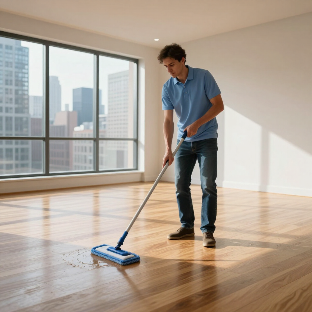 Person mopping a hardwood floor in a bright empty room with large windows.
