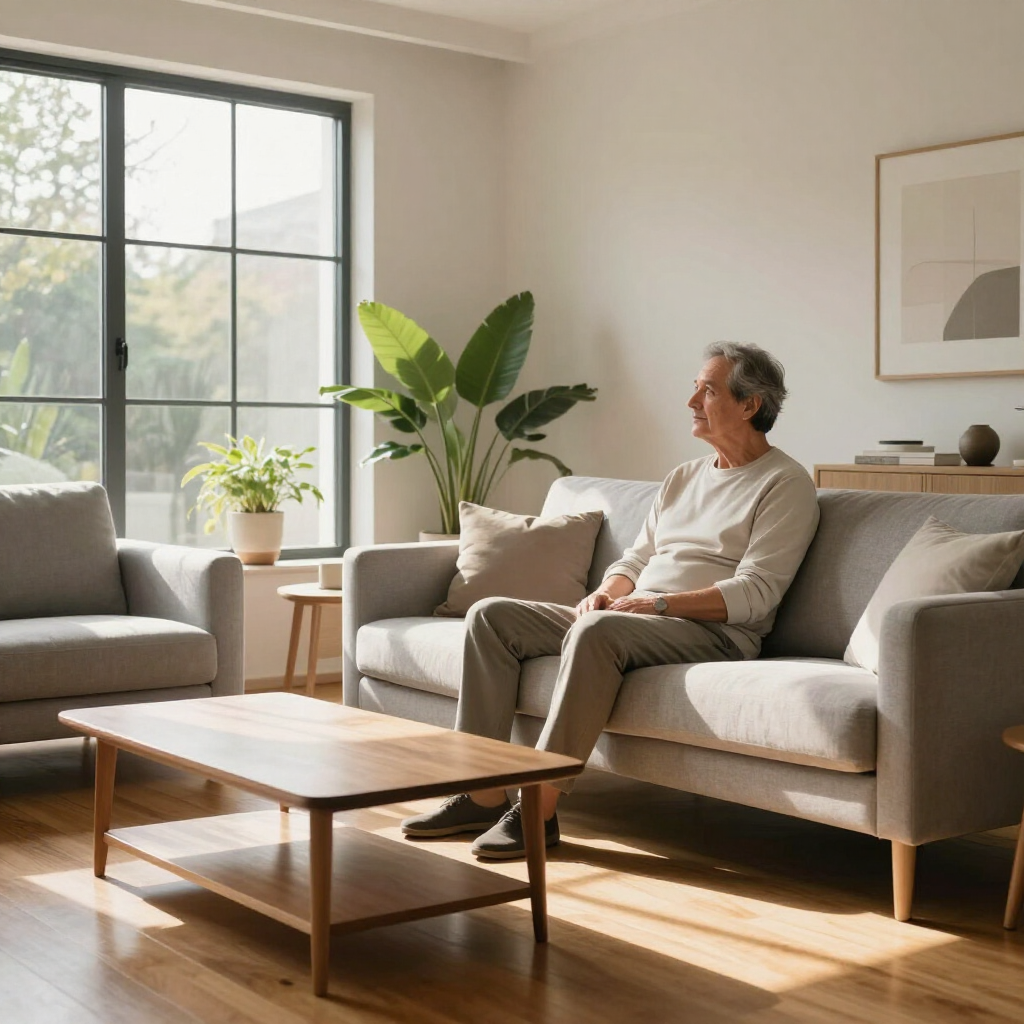 Person sitting on a sofa in a sunlit living room with large windows, a coffee table, and potted plants.