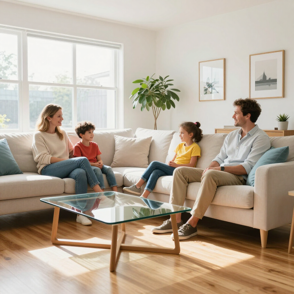 Family sitting and talking in a bright living room with a sofa, coffee table, and sunlight through the window