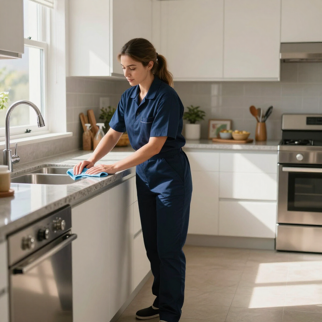 Person wiping a kitchen counter beside a sink in a bright, modern kitchen.